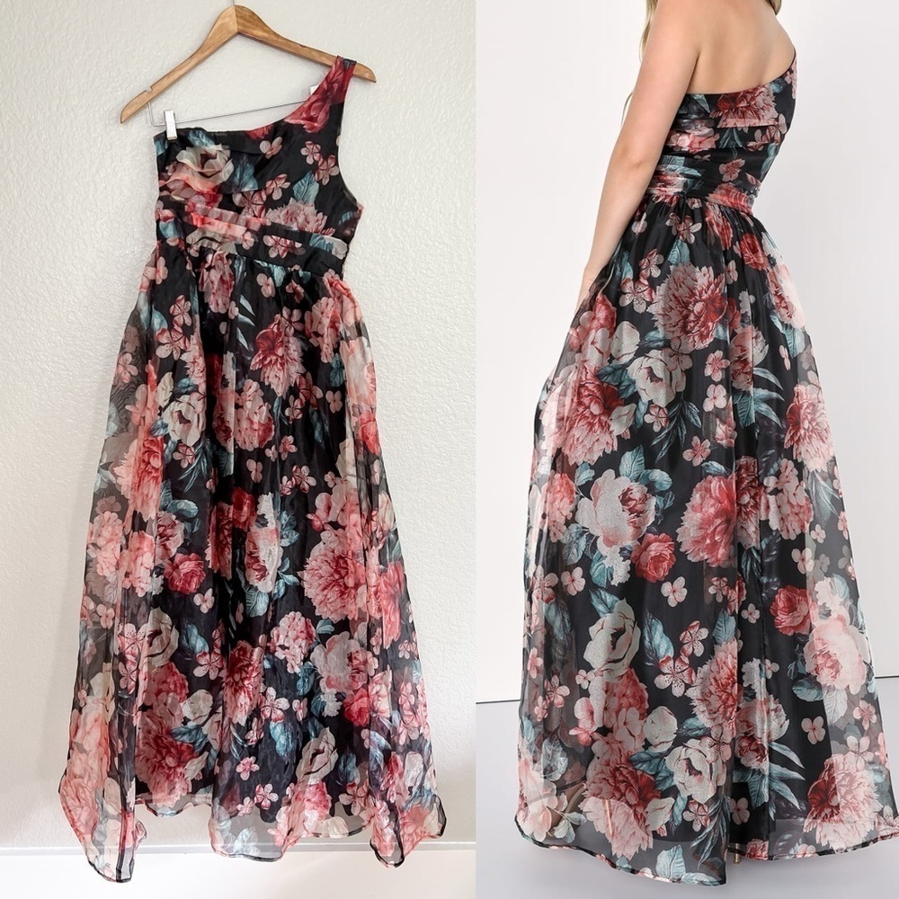 NWOT Bringing the Charm Black Floral Organza One-Shoulder Maxi Dress - Picture 3 of 9